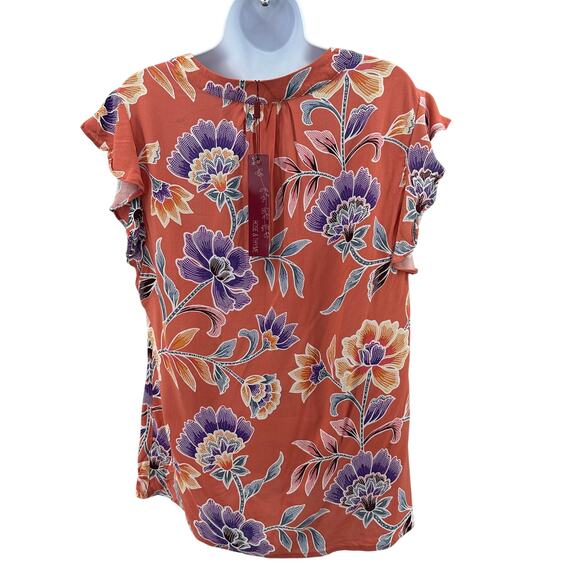 Rose & Thyme Floral Blouse WMNS M Orange Multi Flutter Sleeve V-Neck Lightweight - Picture 7 of 10